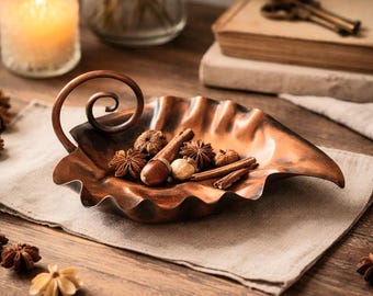 Vintage Fibreware Solid Copper Leaf Dish – Handmade in Australia – Sculptural Bowl with Handle