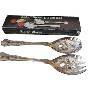 Vintage Silver Plated Salad Servers: Etched Fruit Design, Original Box