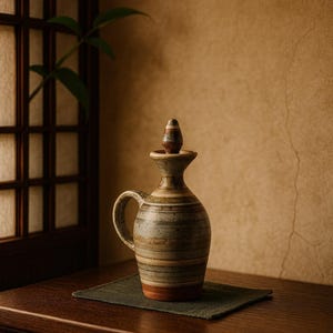 Puede incluir: Una jarra de cerámica artesanal con asa y tapa. La jarra presenta bandas horizontales marrones, beige y grises. Se encuentra sobre una alfombrilla verde en una mesa de madera oscura. El fondo incluye una ventana y una pared texturizada.