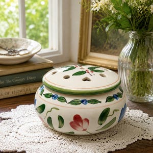 Vintage Hand Painted Ceramic Potpourri Bowl Pierced Lid Floral Pomander Cottage Decor