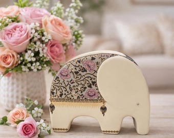 Ceramic Elephant Trinket Holder | Floral Pattern | Decorative Figurine | Small Keepsake Dish