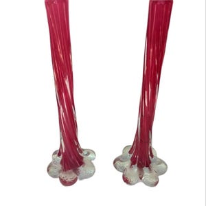 Vintage Murano Elephant Footed Red Glass Twisted Bud Vases