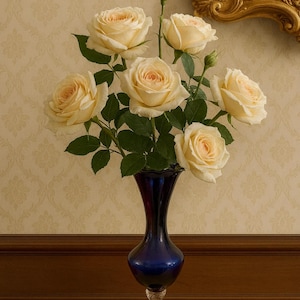 May include: A display of pale yellow roses with pink centres in a dark blue glass vase. The vase has a clear, ornate stem and base. The background features patterned wallpaper and a gold-framed mirror.
