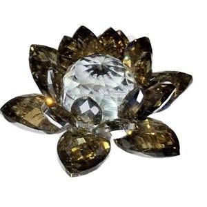 May include: A decorative crystal lotus flower with brown and clear faceted petals. The center of the flower is a large, clear crystal. The lotus is a symbol of purity and enlightenment.