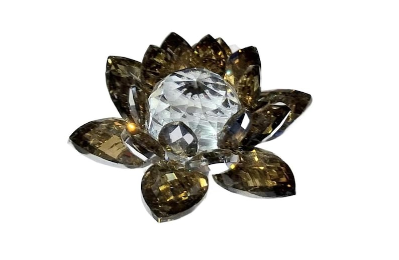 May include: A decorative crystal lotus flower with brown and clear faceted petals. The center of the flower is a large, clear crystal. The lotus is a symbol of purity and enlightenment.