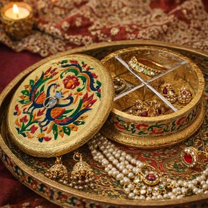 May include: A gold jewellery box with a peacock design on the lid, filled with various pieces of jewellery. The box sits on a decorative tray, surrounded by necklaces, earrings, and rings. The jewellery includes pearls, gemstones, and intricate metalwork.