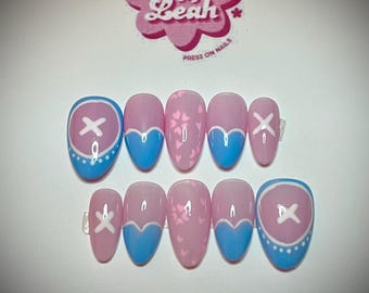 Tony Tony Chopper Inspired Nails, One Piece Anime Nail Art, Cherry Blossom Heart Press-Ons, Cute Kawaii Anime Nails, Straw Hat Crew