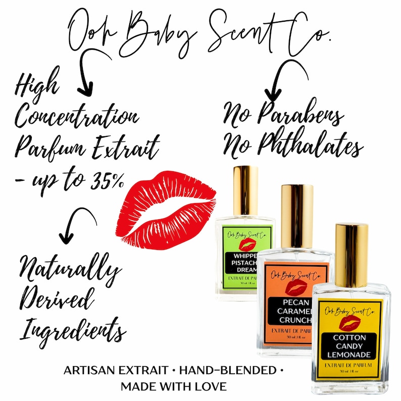 Puede incluir: Imagen de tres frascos de perfume con tapas doradas y etiquetas. Las etiquetas dicen "Whipped Pistachio Dream", "Pecan Caramel Crunch" y "Cotton Candy Lemonade". La imagen tambi&eacute;n incluye texto sobre las caracter&iacute;sticas del producto.