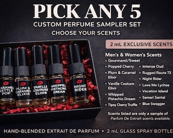 Set de muestra de 5 extractos / Muestras de perfume para mujer / Muestras de colonia para hombre / Extrait de Parfum para hombre y mujer / (5) Frascos de muestra con atomizador de 2 ml