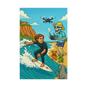 Pósteres enrollados de surfista en los acantilados, decoración de pared de playa, impresión artística costera, póster de océano para regalar, decoración costera única para el hogar.