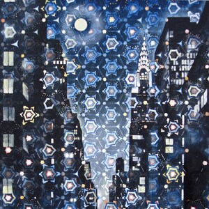 May include: A watercolor painting of a city skyline at night. The buildings are silhouetted against a background of blue and white stars. The Chrysler Building is visible in the center of the image.