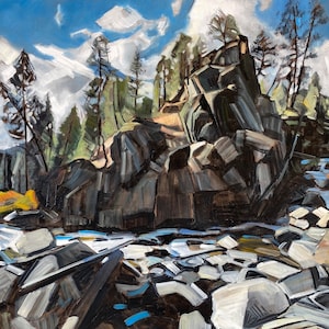 May include: A painting of a rocky landscape with a river flowing through it. The sky is blue with white clouds. There are trees on the left side of the painting and large rocks on the right side.
