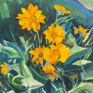 May include: A painting of yellow flowers with green leaves. The flowers are in the center of the painting and are surrounded by green leaves. The background is a dark green.