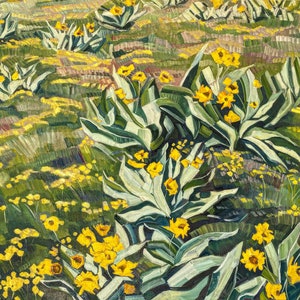 May include: A painting of a field of yellow wildflowers with green leaves. The flowers are in the foreground and the leaves are in the background. The painting is done in a style that is reminiscent of impressionism.