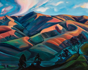 May include: A painting of a landscape with rolling hills in shades of blue, green, and orange. The sky is a bright blue with white clouds. There is a bridge in the foreground.