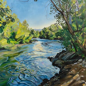 May include: An oil painting depicts a river flowing through a lush forest under a clear blue sky. The water reflects the surrounding greenery and sunlight. The artwork showcases a serene landscape with detailed brushstrokes.