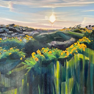 May include: A painting of a field of yellow wildflowers in the foreground with a hazy sun in the background. The sky is a light blue with white clouds. The field is green and the flowers are a bright yellow.