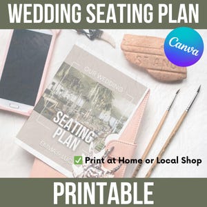 Plantilla de plano de asientos para bodas / Menú editable en Canva, tarjetas de ubicación / Plano de asientos de mesa A4, planificador de bodas imprimible