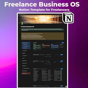Puede incluir: Una plantilla digital de Notion titulada Freelance Business OS mostrada en una interfaz oscura. El diseño incluye secciones para la gestión de clientes, seguimiento de proyectos y datos financieros, con el logotipo de Notion en la esquina superior derecha.