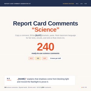 Puede incluir: Un kit digital generador de comentarios para boletines de calificaciones de ciencias, con 240 comentarios listos para usar para los grados K-8. La interfaz muestra el título Report Card Comments Science y un ejemplo de comentario K-2.