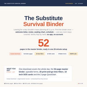 Puede incluir: Un documento digital titulado The Substitute Survival Binder para maestros de K-5. Contiene 52 páginas, 20 actividades de relleno, 10 tarjetas SOS y 4 formularios rellenables. El texto indica que es una descarga instantánea, segura y sin aplicaciones.