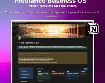 Puede incluir: Una plantilla digital de Notion titulada Freelance Business OS con una interfaz oscura y secciones para gestionar clientes, proyectos, facturas y finanzas. El diseño incluye botones de acción rápida, un calendario y seguimiento de ingresos.