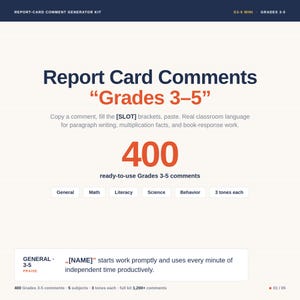 May include: A digital report card comment generator kit for grades 3-5. The document features the title Report Card Comments Grades 3-5, 400 ready-to-use comments, and categories for general, math, literacy, science, and behavior subjects.