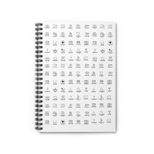 May include: A white spiral-bound notebook featuring a repeating grid pattern of black line-art icons and symbols. Each small graphic is accompanied by a short text label printed in a simple sans-serif font, arranged in neat horizontal rows.