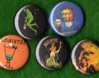 ABSINTHE 1 in. Pins Buttons x5 Art Deco Vintage Advertising Poster Images