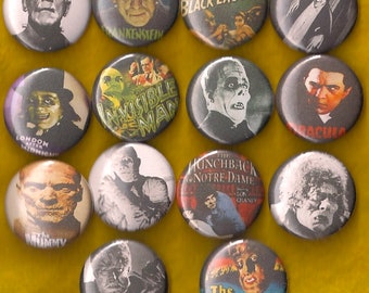 FAMOUS MONSTERS x 14 1 in. Pins Buttons Frankenstein Dracula Wolf Man Horror Kitsch