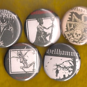 May include: Five black and white round buttons with various images. The buttons feature the text "Hellhammer" and images of a demon, a skeletal figure, a creature with wings, a tree, and a figure in a forest.