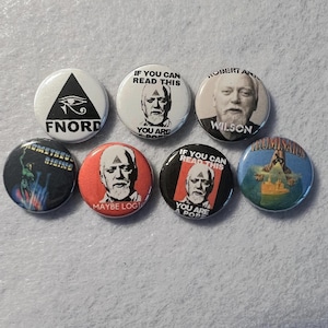 ROBERT ANTON WILSON Set of 7 Pinback Buttons of Iconic Author Discordian 1 Inch