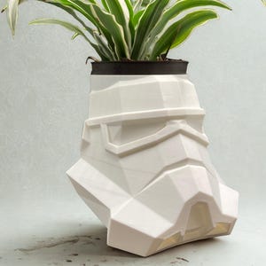 Puede incluir: Una maceta blanca y geométrica con forma de casco de Stormtrooper, que contiene una planta de rayas verdes y blancas. La maceta tiene un diseño angular detallado y está hecha de un material sólido y opaco. Las hojas de la planta se arquean con gracia.