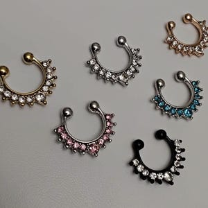 以下が含まれることがあります： さまざまな色とデザインのセプタムノーズリングのコレクション。リングは、透明、ピンク、青の宝石など、装飾的な要素を備えた馬蹄形をしています。一部のリングは金または黒の仕上げです。