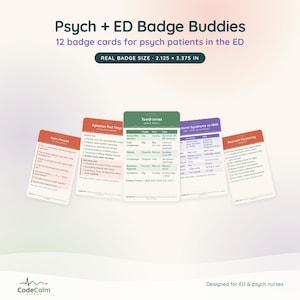Puede incluir: Un conjunto de 12 tarjetas de referencia Psych + ED Badge Buddies para pacientes psiquiátricos en urgencias. Cada tarjeta mide 5,4 x 8,57 cm y contiene información médica, incluyendo toxidromes, señales de alerta de agitación y listas de control.