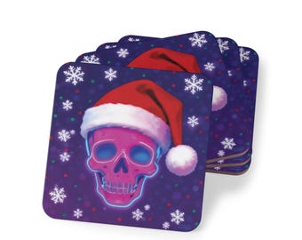 Posavasos festivos con forma de calavera, vasos navideños, decoración de mesa para las fiestas, regalo divertido para los invitados.