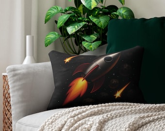 Rocket Lumbar Pillow | Space Decor, Polyester Cushion, Kids Room Accent