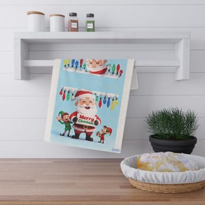 Merry Christmas Santa Elves Cotton Tea Towel, Festive Holiday Kitchen Decor