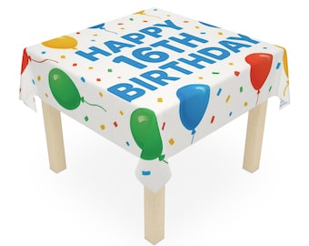 Happy 16th Birthday Tablecloth, Festive Party Decor, Birthday Celebration Table Cover, Kids' Party Supplies, Colorful Balloon Theme