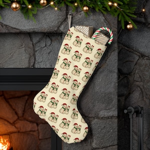 Charming Santa Stocking, Festive Holiday Decor, Christmas Gift, Cozy Winter Decoration, Snowman Pattern, Stocking Filler