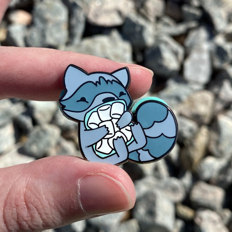 Raccoon Loves Marshmallows Black Nickel Enamel Pin image 7