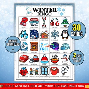 Puede incluir: Una tarjeta de juego de Bingo de invierno con un borde azul. La tarjeta presenta ilustraciones con temas de invierno como un muñeco de nieve, un copo de nieve y chocolate caliente. El texto incluye "Winter Bingo", "30 tarjetas" y "Descarga instantánea".