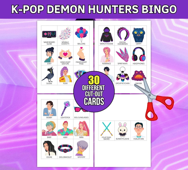 Kpop Demon Hunters Bingo utskrivbart set, 30 kort i animestil, födelsedagsfestspel för musikfans, Kpop fanart, Saja Boys-flickor, direktnedladdning bild 6