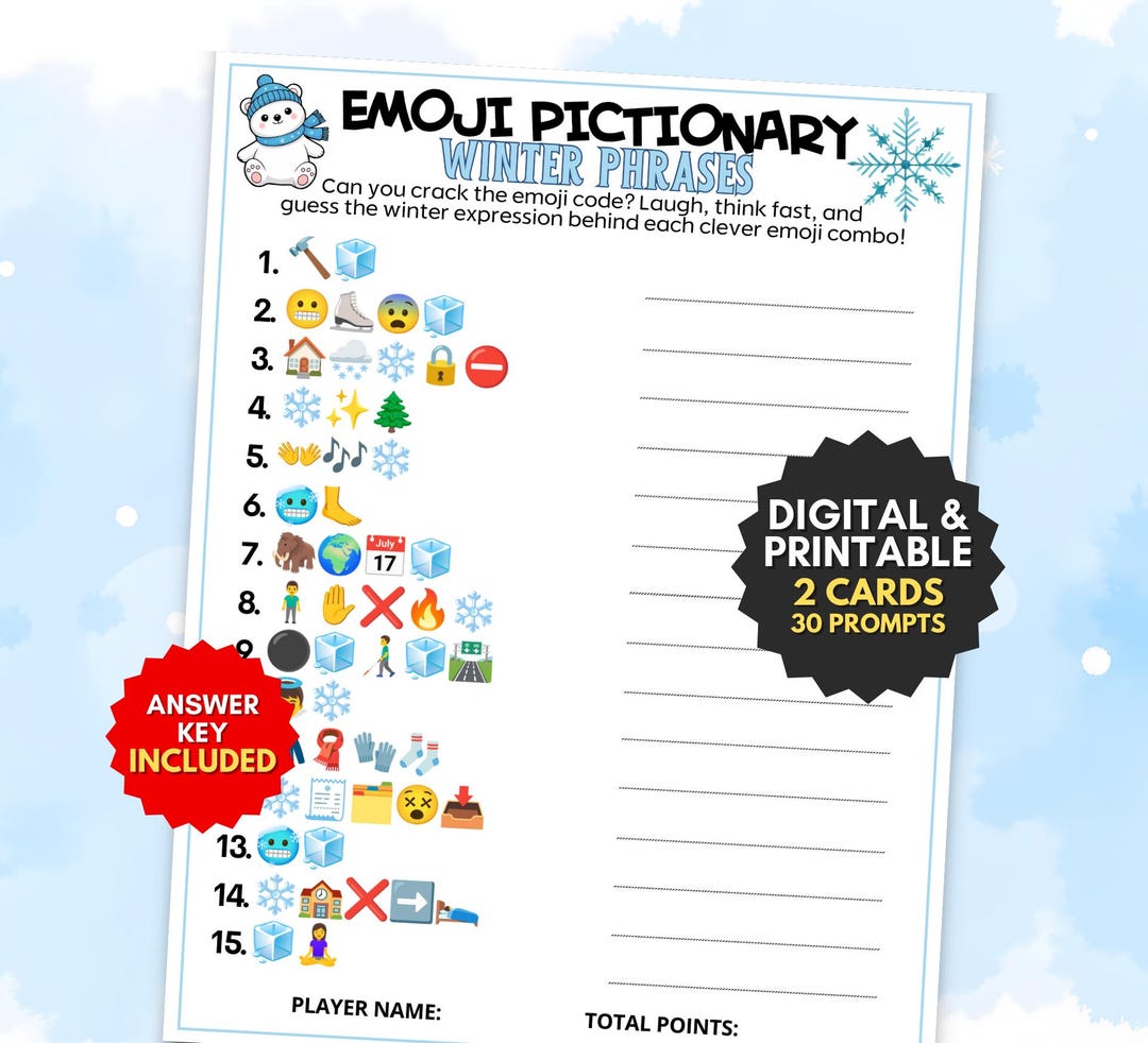 Emoji Pictionary Winter Phrases Game, 30 Cold Weather Riddles Printable ...