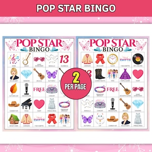 May include: A pink and white Pop Star Bingo game sheet with various illustrations, including a microphone, a heart, and a vinyl record. The text "Pop Star Bingo" is at the top, with the text "2 per page" in a pink circle.