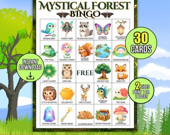 Enchanted Forest Bingo Printable, 30 Woodland Bingo Cards PDF, Kids Nature Theme Classroom Activity, Magical Creatures Party Game Download