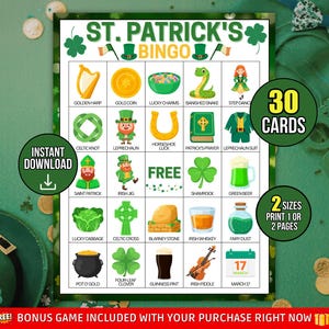 Puede incluir: Una tarjeta de juego de bingo del Día de San Patricio con varias ilustraciones temáticas, incluyendo un arpa, una moneda de oro y un duende. La tarjeta presenta el texto "St. Patrick's Bingo" e incluye el texto "30 Cards" y "2 Sizes Print 1 or 2 Pages".