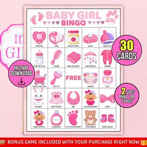 Puede incluir: Una tarjeta rosa de bingo para baby shower con ilustraciones de artículos para bebés como un chupete, una cuna y un biberón. La tarjeta incluye el texto "BABY GIRL BINGO" y "30 TARJETAS".