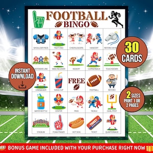 30 American Football Printable Bingo Cards, Kids Sports Party, Sunday Watch Activity, Fall Season Classroom Activity, Easy Instant Download