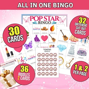May include: A pink and white bingo game set with the text "ALL IN ONE BINGO" at the top. The set includes 30 cards, 32 cut-out cards, and 36 riddles. The game features a "Pop Star Bingo" theme with various themed images.